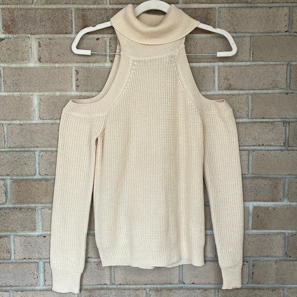 K&K Cream Turtleneck Cold Shoulder Sweater